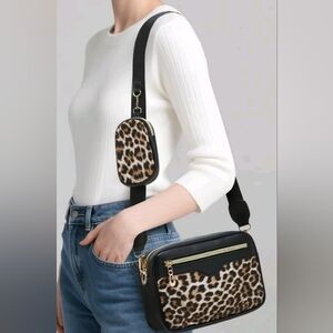 Leopard Print Crossbody Bag with Coin Pouch - Black and Brown
